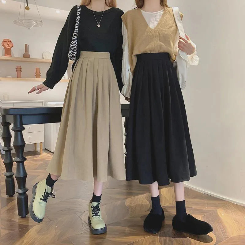 Lucyever Vintage Brown High Waist Pleated Skirt Women Korean Fashion College Style Long Skirt Ladies Autumn Casual A line Skirts - Seprincess