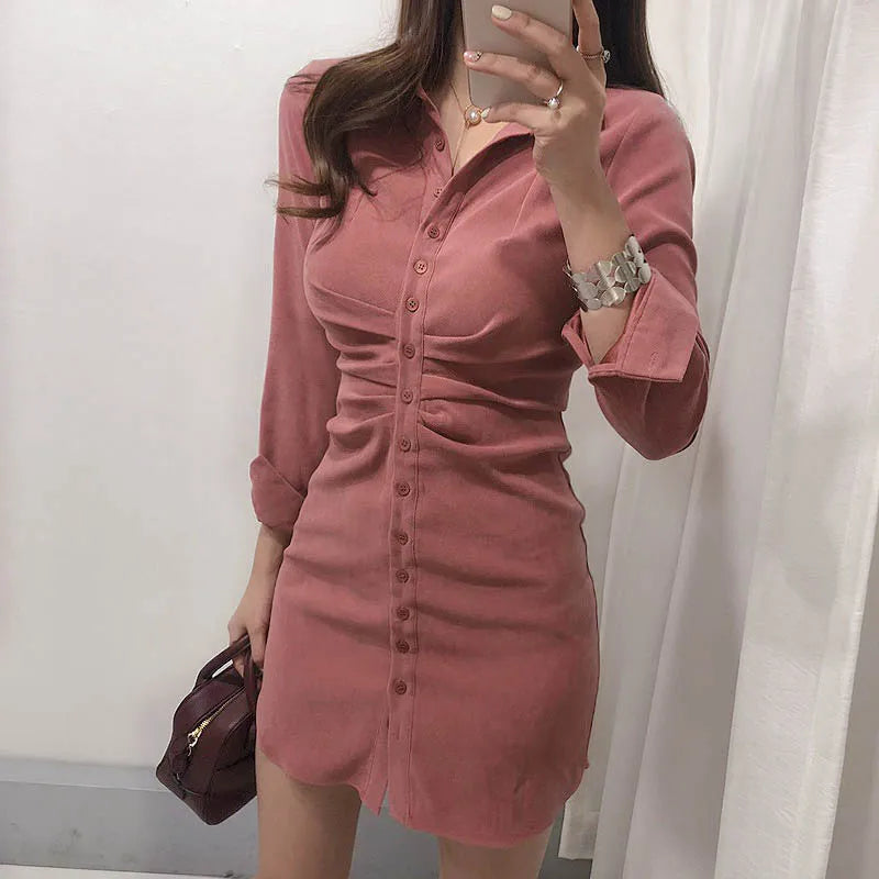 Dresses for Women French Retro Shirt Tight Bottoming Dress Female Autumn and Winter Slim Package Hip Single-breasted Pure Dress - Seprincess