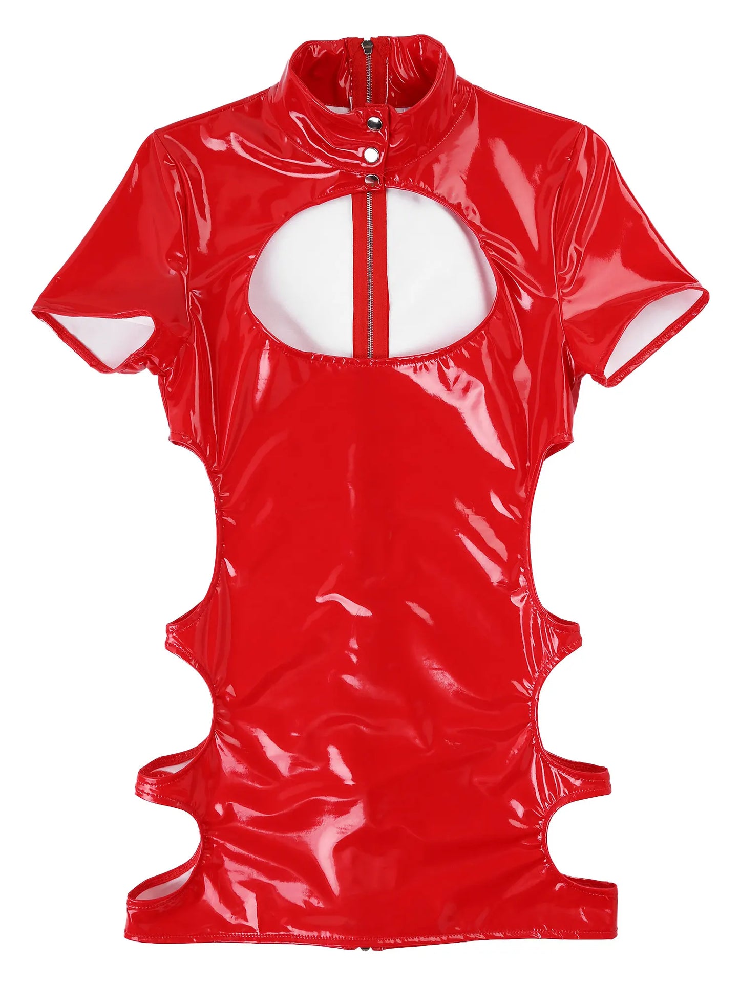 Womens Sexy Ladies Wet Look Costume Pole Cocktail Leather Bare Breast Mini Dress PVC Latex Short Sleeve Back Zipper Clubwear - Seprincess