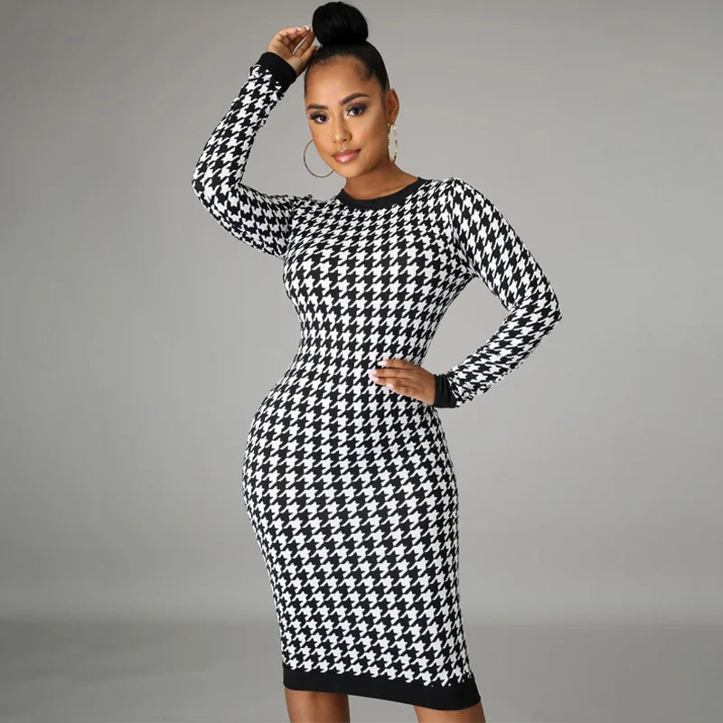 Houndstooth Print Women Long Sleeve Midi Dress Hollow Out Bodycon Sexy Streetwear 2022 Autumn Winter Club Elegant Slim - Seprincess