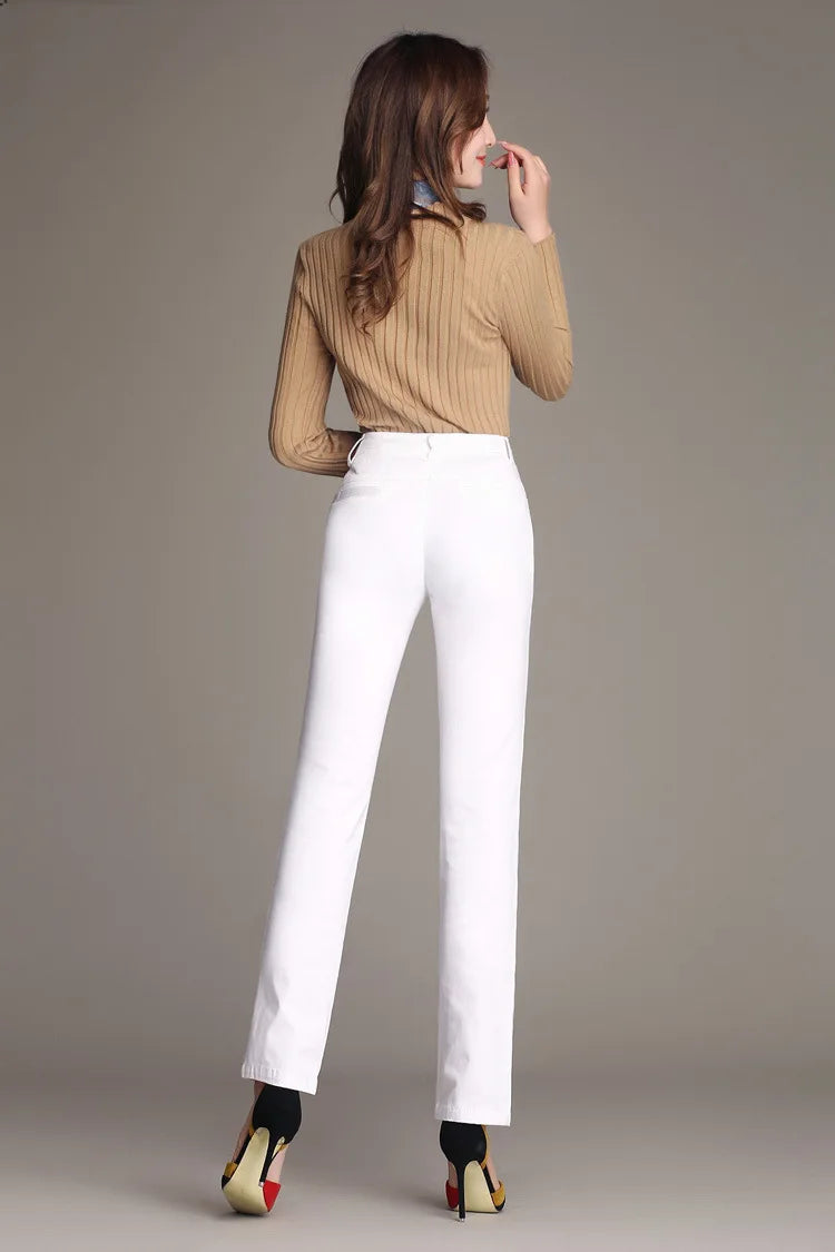 Women Straight-leg Pants 100% Cotton White Black Khaki Blue Stretch Slimming Fit Casual Plus Size S To 4XL Pencil Feet Trousers