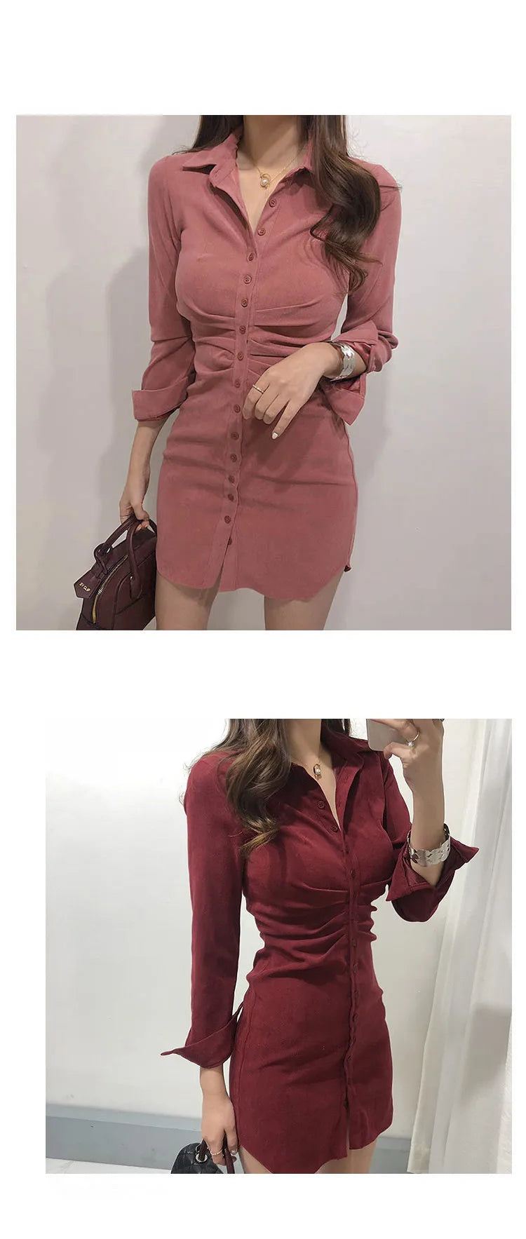 Dresses for Women French Retro Shirt Tight Bottoming Dress Female Autumn and Winter Slim Package Hip Single-breasted Pure Dress - Seprincess