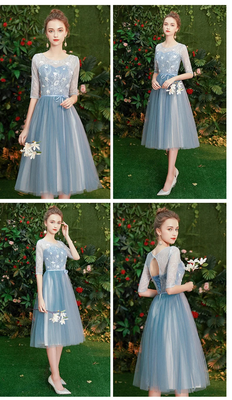 Gray Blue Bridesmaid Dresses For Women Elegant Half Sleeve Wedding Guest Dress Tulle Tea-Length Girl Vestido De Festa - Seprincess