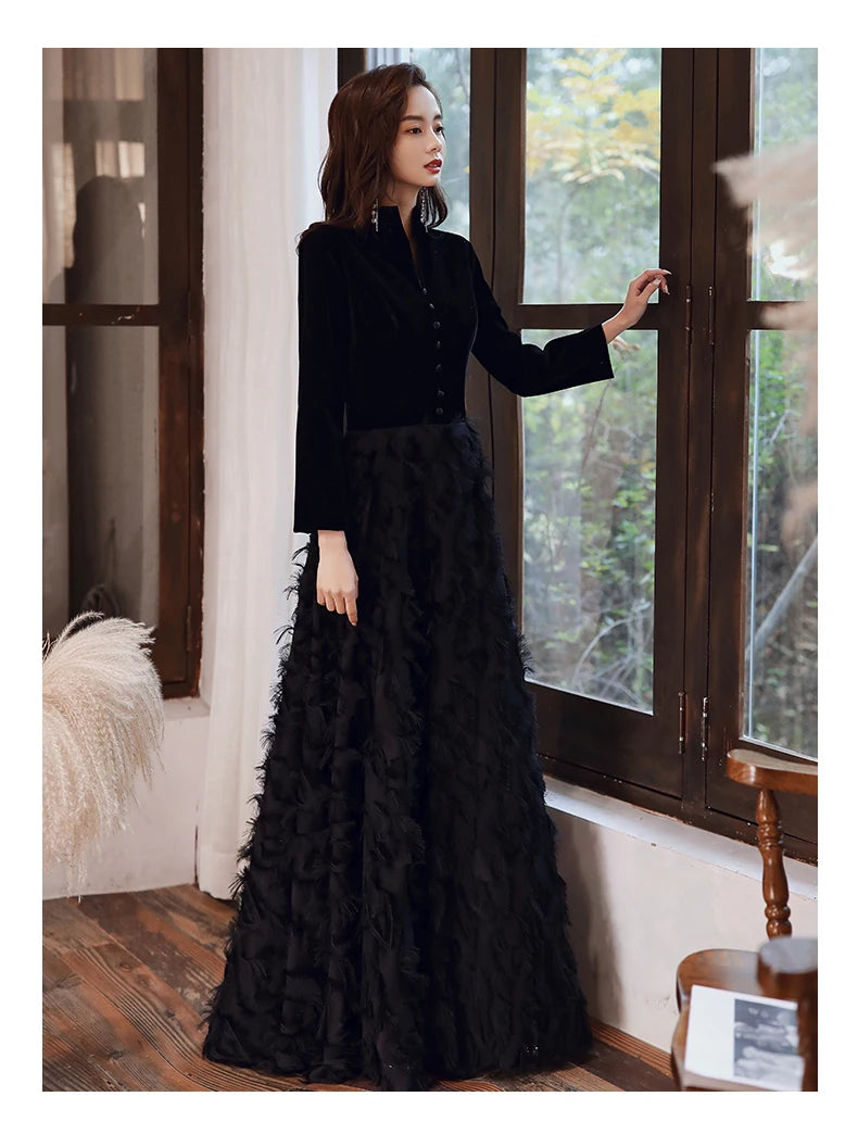 wei yin AE0349 Black Elegant Velvet Long Prom Evening Dresses 2024 Long Sleeves Lace Formal party Gowns Srobe de soiree - Seprincess