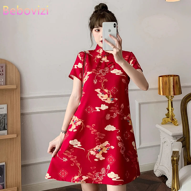 M-4XL 2022 New Year Red Summer Trend Street Fashion Modern Cheongsam A-line Dress Women Qipao Traditional Chinese Clothes - Seprincess