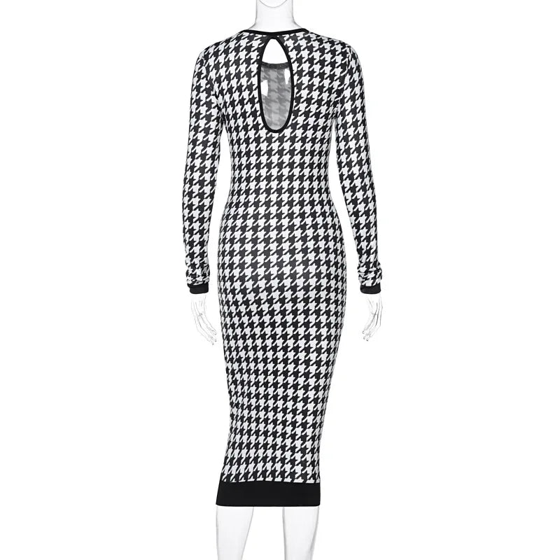 Houndstooth Print Women Long Sleeve Midi Dress Hollow Out Bodycon Sexy Streetwear 2022 Autumn Winter Club Elegant Slim - Seprincess