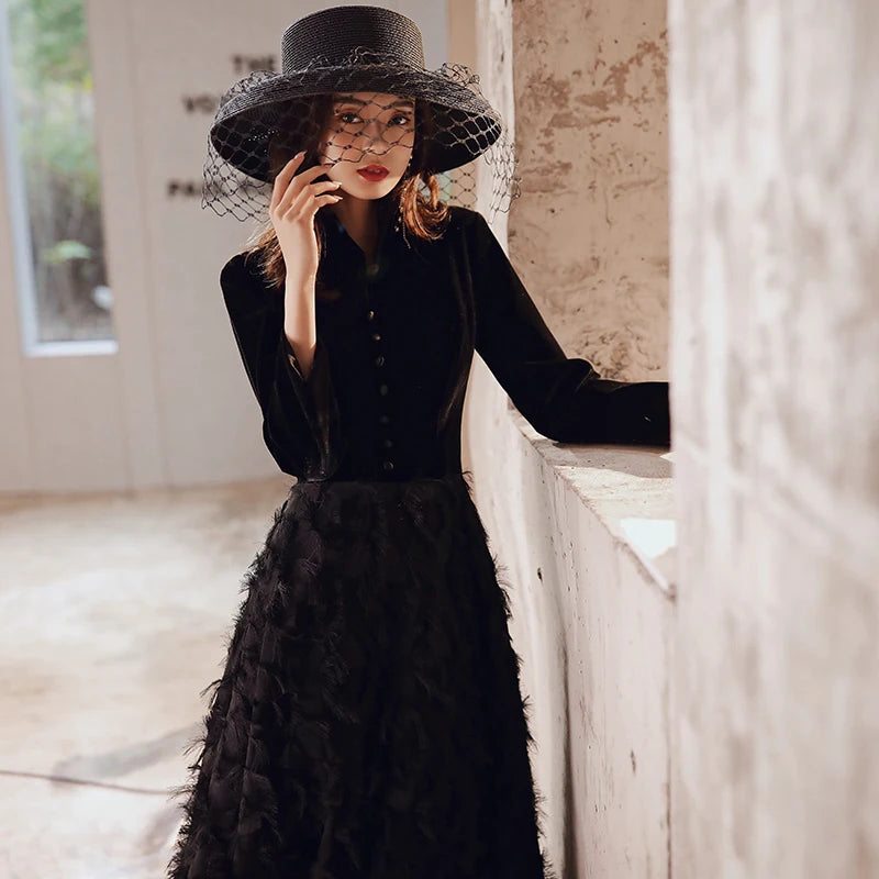 wei yin AE0349 Black Elegant Velvet Long Prom Evening Dresses 2024 Long Sleeves Lace Formal party Gowns Srobe de soiree - Seprincess