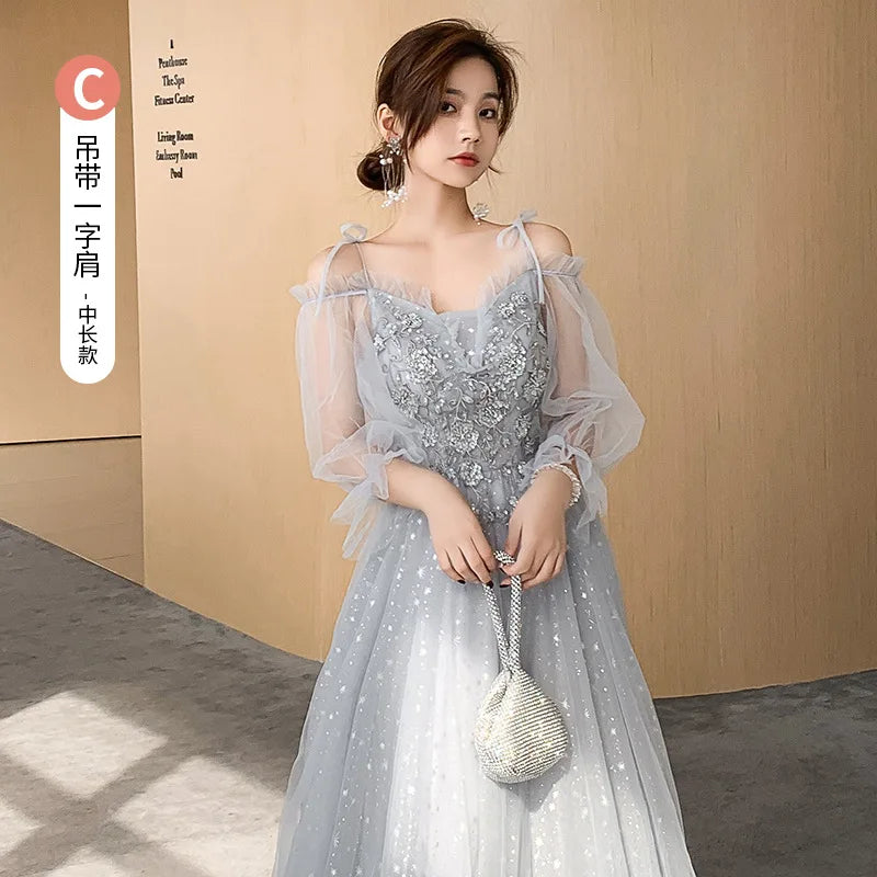 Temperament Bridesmaid Dress Lantern Sleeve Evening Party Dress Fairy Stage Show Dress Elegant Banquet Dress A-line Maxi Dress - Seprincess