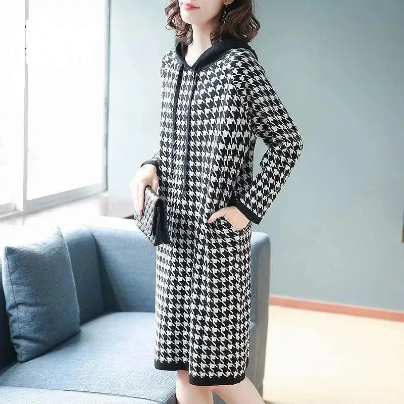 6XL Women's Dress 2024 Autumn Summer New Fashion Houndstooth Hooded Sweater Hoodie Dresses Winter Long-Sleeved Base Dress Female - Seprincess