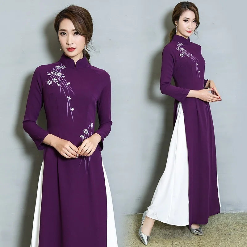 Vietnam Ao Dai Patchwork Tight Dress for Woman Chinese Traditional Costumes Qipao Cheongsams Flower Female Oriental Outfits - Seprincess