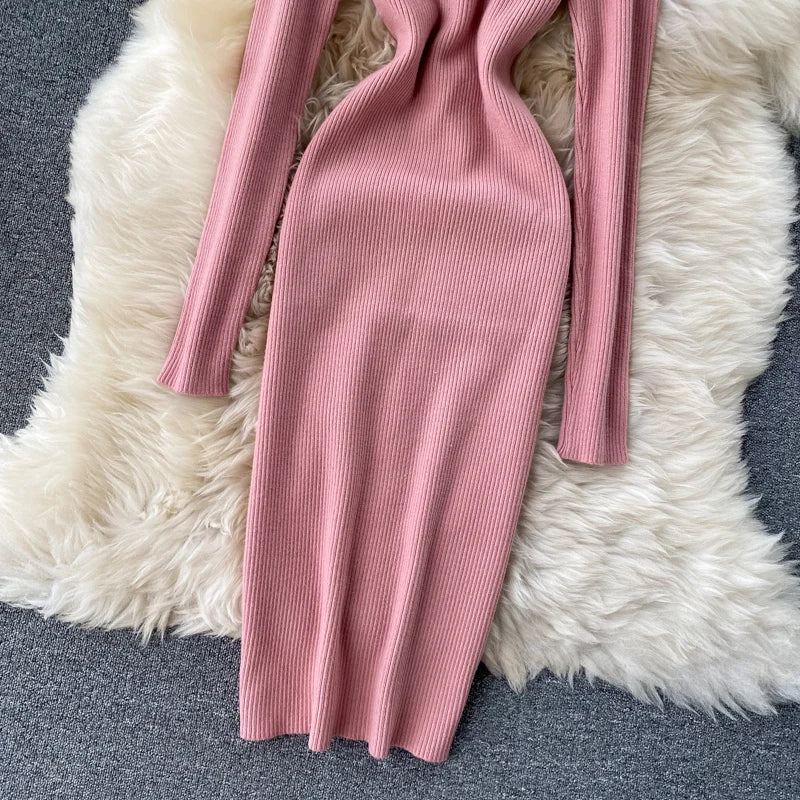 Dresses for Women 2022 Sexy Turtleneck Knitted Bodycon Dress Women Autumn Winter Long Sleeve Sweater Dress - Seprincess