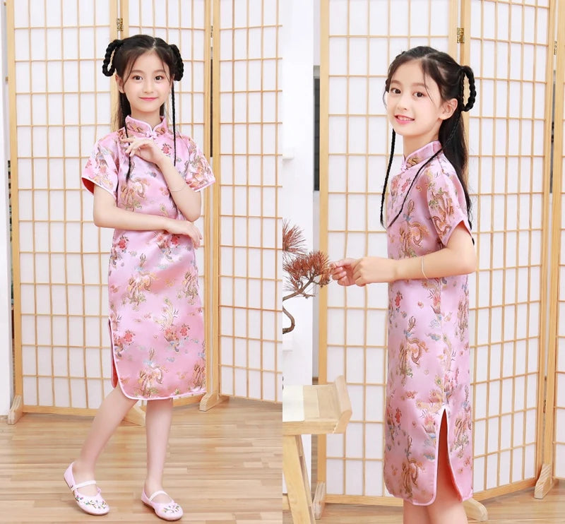 Lovely Girls Silky Satin cheongsam Dress Cute Princess Girls Dresses Kids Party Ball Gown Dress New Year cheongsam Clothing - Seprincess