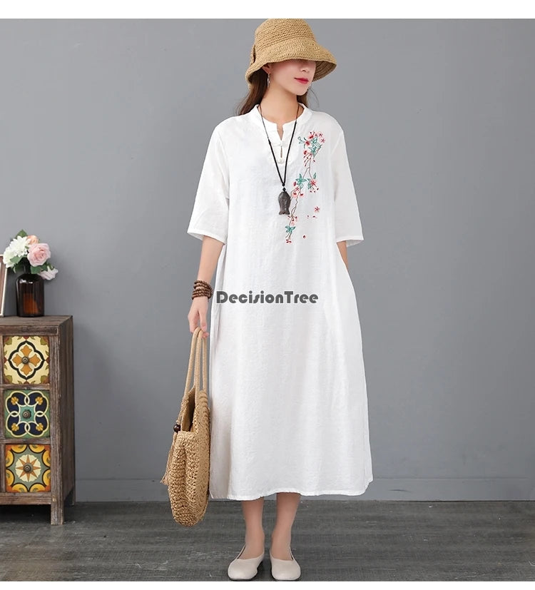 2023 chinese dress cheongsam women long qipao dress modern cotton linen cheongsam dress half sleeve embroidery cheongsam dress - Seprincess