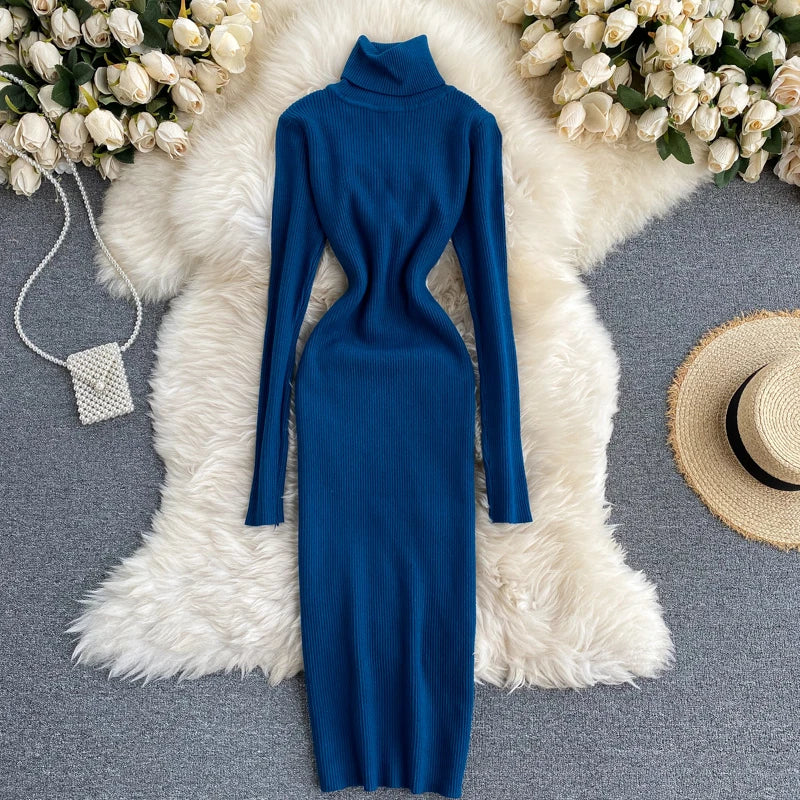 Dresses for Women 2022 Sexy Turtleneck Knitted Bodycon Dress Women Autumn Winter Long Sleeve Sweater Dress - Seprincess