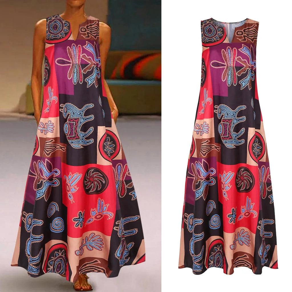 Summer Bohemian Sundress Vintage Sleeveless Women Floral Printed Maxi Long Dress Casual Dress Robe Femme Party Vestido Sarafans