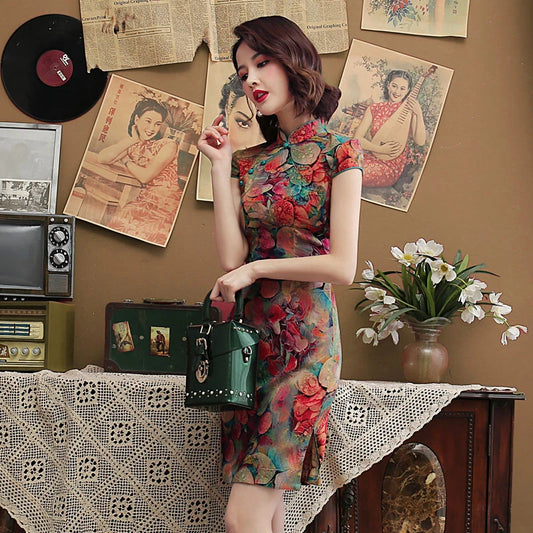 Black Red Nightingale Chinese Cheongsam Dress Stretch Cotton And Linen Chipao 5xl 4xl Sexy Traditional Vintage Qipao - Seprincess