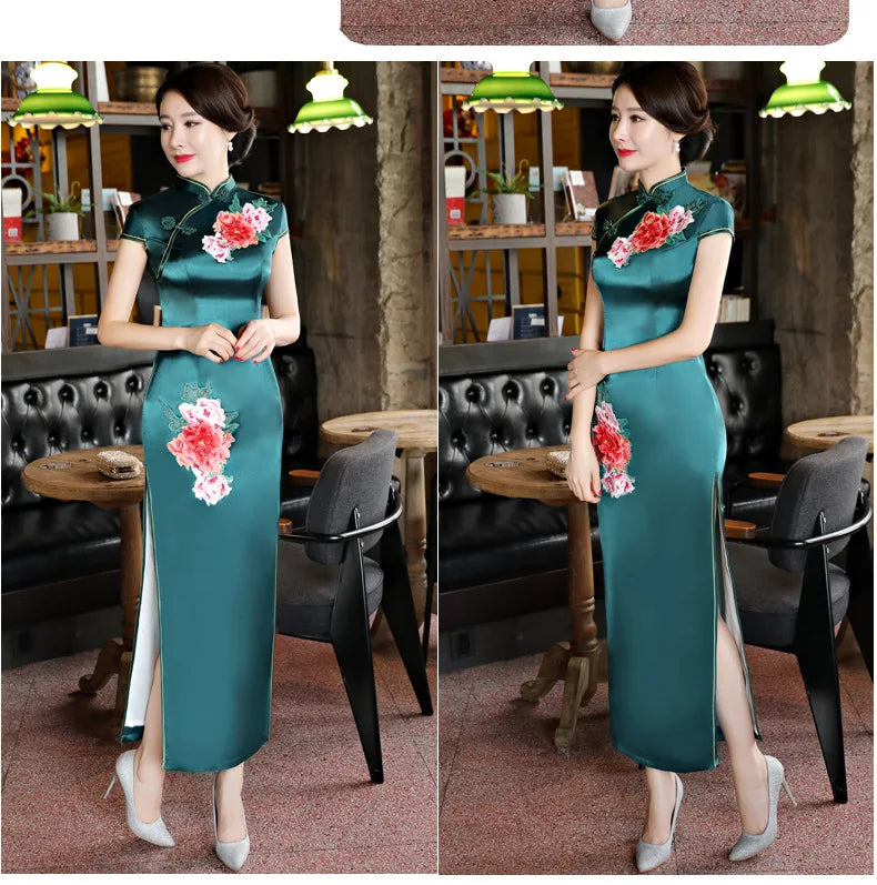 Classical Women Long Show Satin Chinese Dress Elegant Slim Embroidery Flower Qipao Cheongsam Retro Mandarin Collar Evening Gown - Seprincess