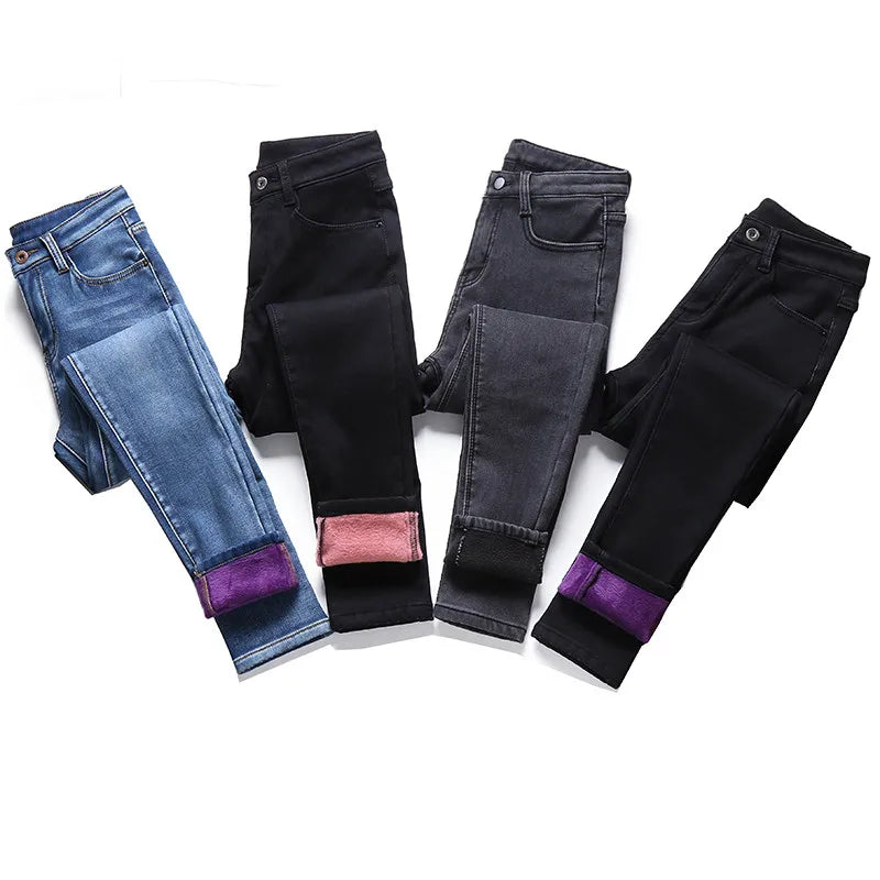 Winter Thick Women Warm Skinny Jeans Simple Stretch Velvet Fleece Female High Waist Denim Pencil Pants Clothes 36 38 40