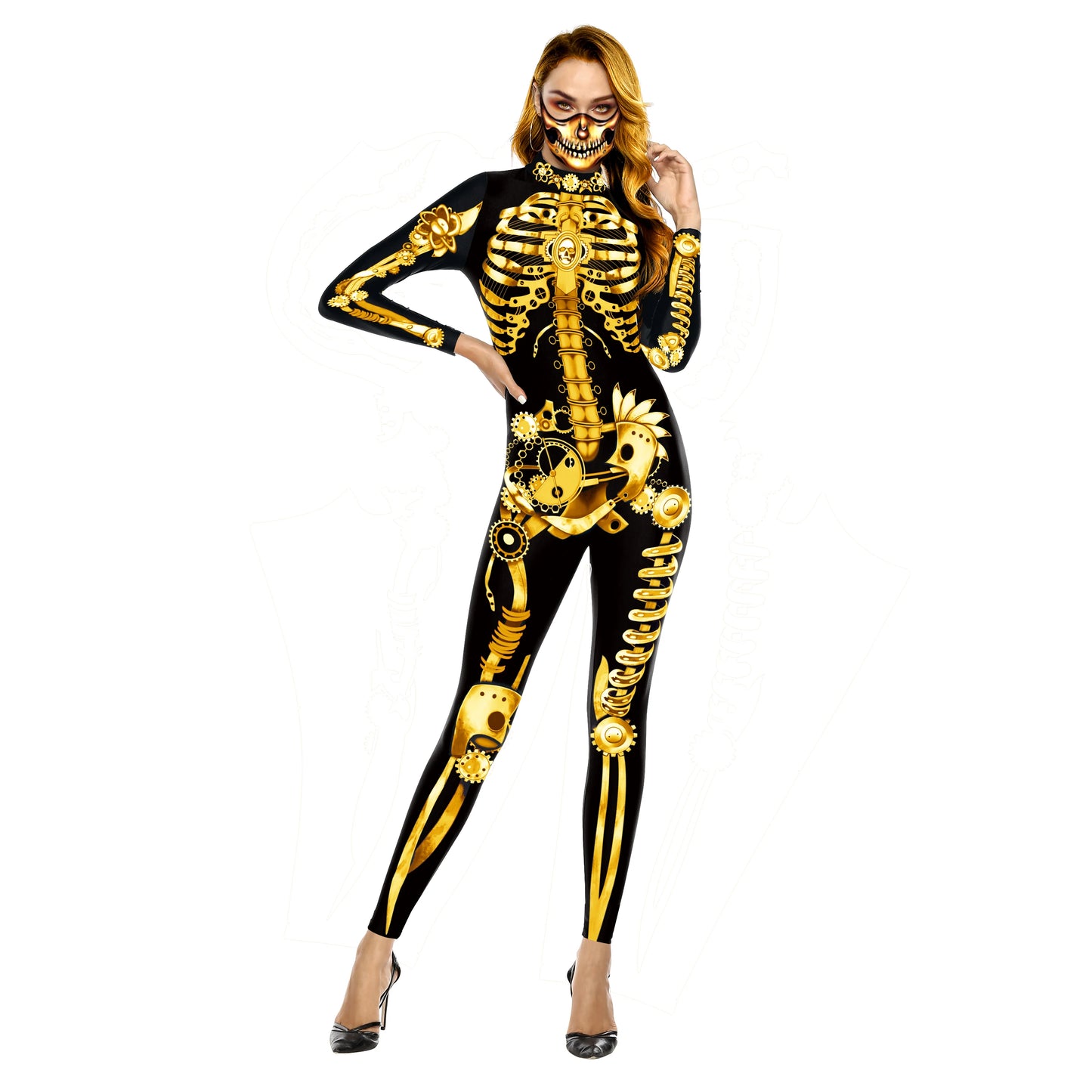 VIP FASHION Adult Skeleton Cospaly Costume Unisex Halloween Ghost Jumpsuit Carnival Party Zentai Bodysuit Scary Show Outfit Suit