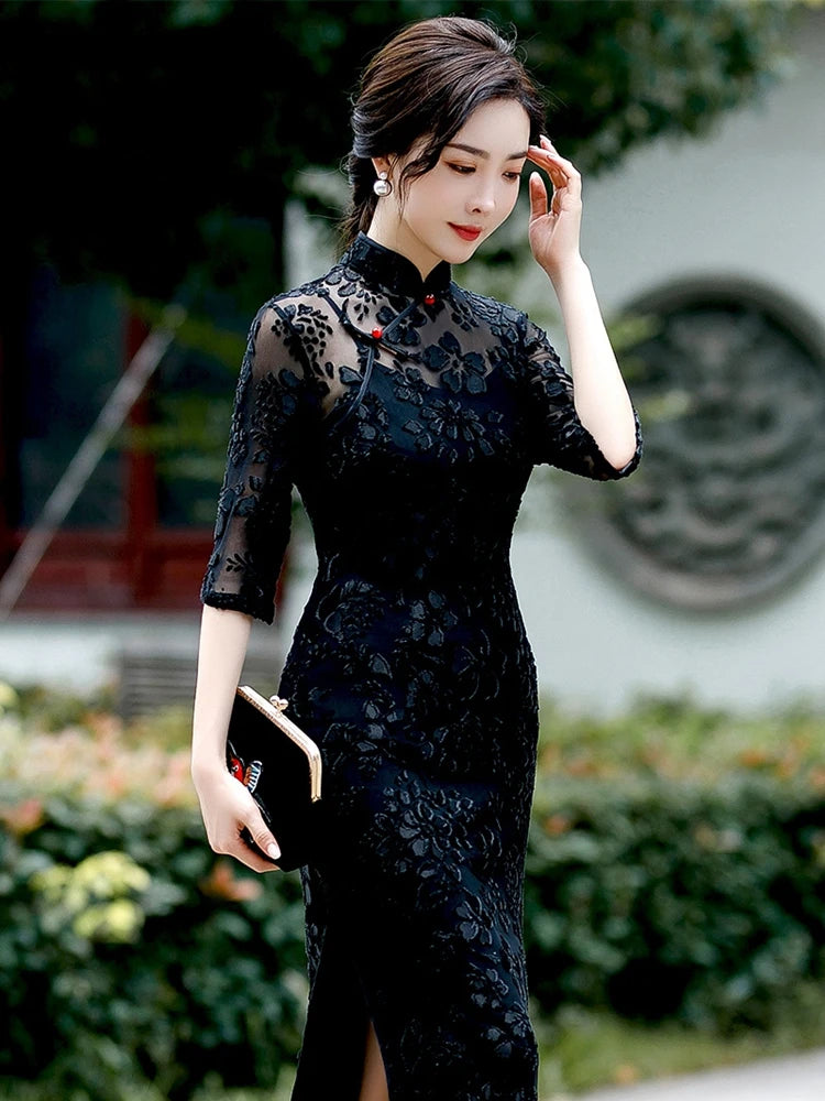 Chinese Style Women's Traditional Dress Retro Old Shanghai Style Long Cheongsam with 3/4 Sleeve Lace Summer Dress - Seprincess