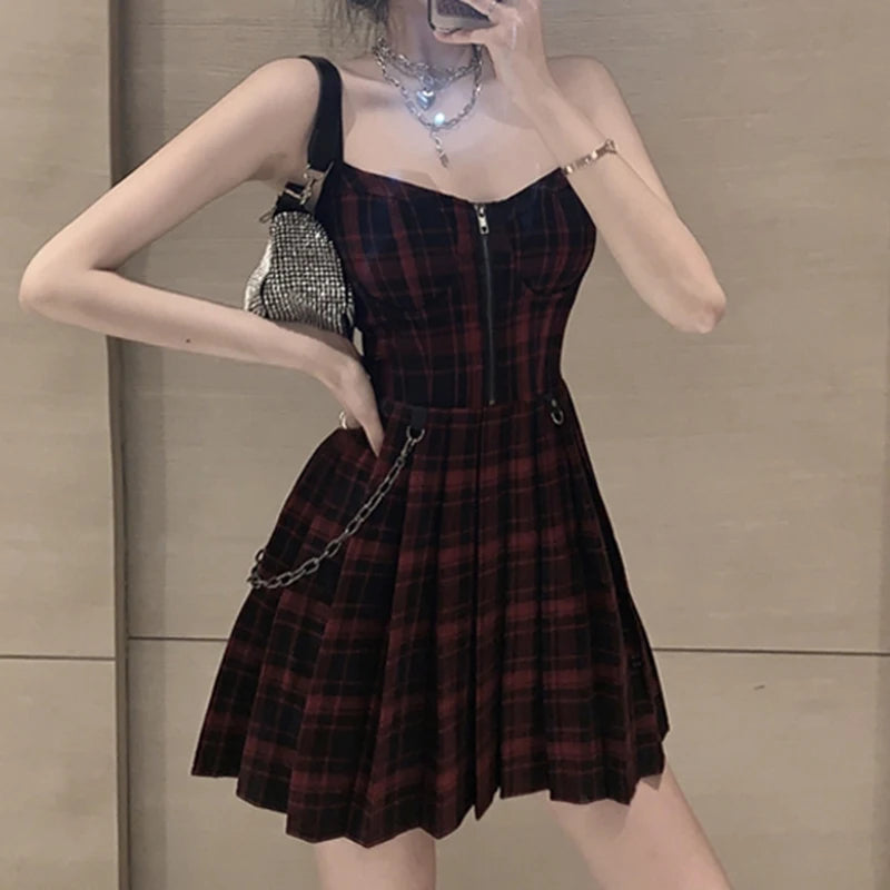 Gothic Girls Red Plaid Pleated Emo Alt Dress Y2K Zip Up Robe Femme Punk Black Spaghetti Strap Mini Short Jurken Goth Streetwear - Seprincess