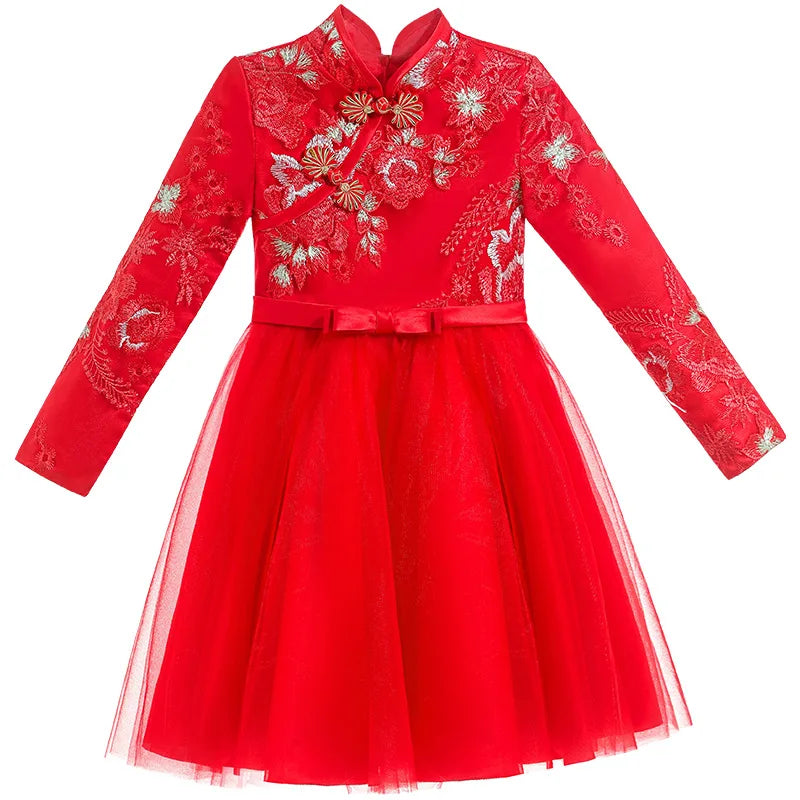 Cute Flower Girls Dresses Kids Chinese Embroidery Lace Cheongsam Dress Baby Girls Elegant Traditional Chinese New Year Dress - Seprincess