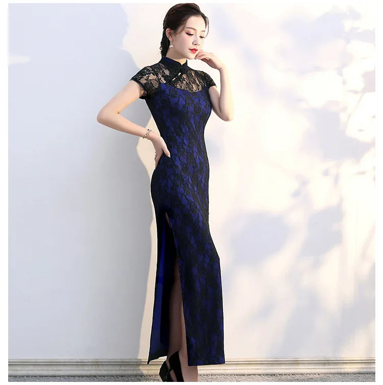 Lace Floral Perspective Collar Qipao Sexy Long Women Cheongsams Big Size 3XL 4XL 5XL Chinese Dress Grace Evening Party Vestidos - Seprincess