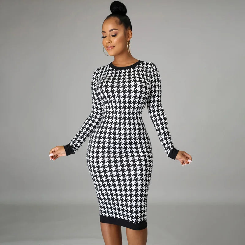 Houndstooth Print Women Long Sleeve Midi Dress Hollow Out Bodycon Sexy Streetwear 2022 Autumn Winter Club Elegant Slim - Seprincess