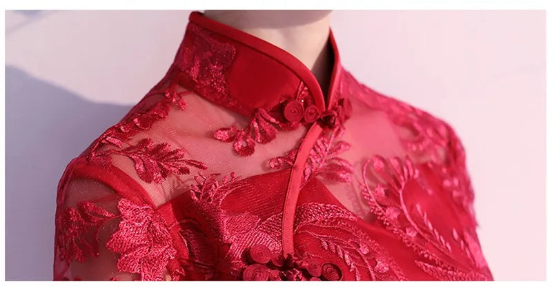 Lace Mermaid Chinese Style Lady Cheongsam Long Tight Elegant Dress Big Size 3XL Vestidso Vintage Red Bride Wedding Qipao S-203 - Seprincess