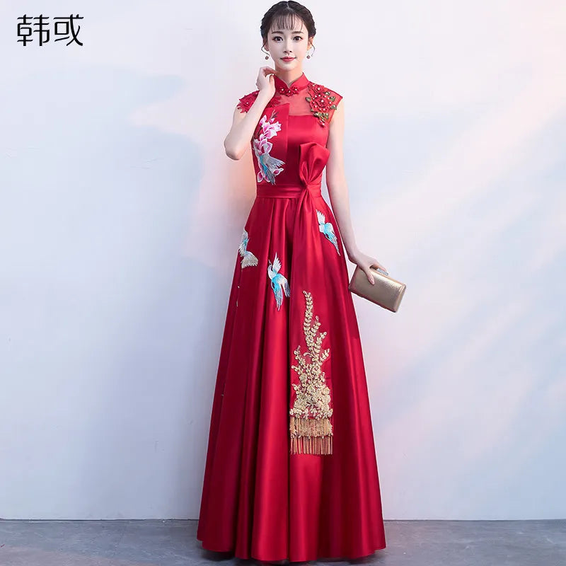 Ladies sleeveless Evening Dress Summer Vintage Phoenix Embroidery Qipao Elegant Chinese Bride Wedding Fishtail Cheongsam S-2XL - Seprincess