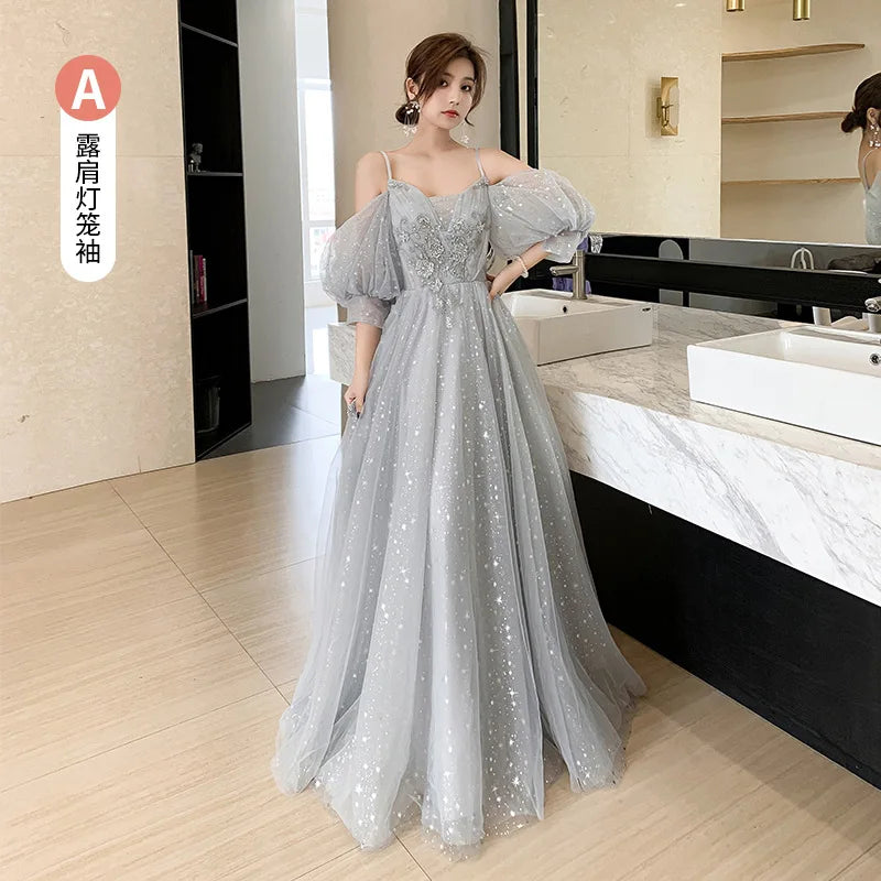 Temperament Bridesmaid Dress Lantern Sleeve Evening Party Dress Fairy Stage Show Dress Elegant Banquet Dress A-line Maxi Dress - Seprincess