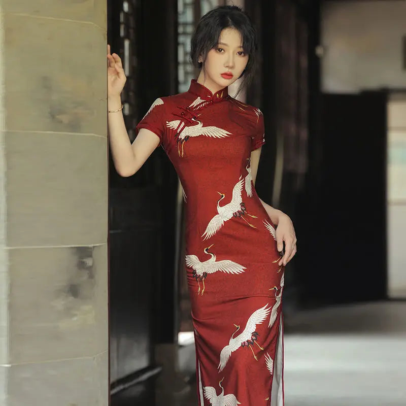 Red cheongsam 2021 New Female Summer Young Style Daily Retro Chinese Style Improved Elegant Long Dress - Seprincess