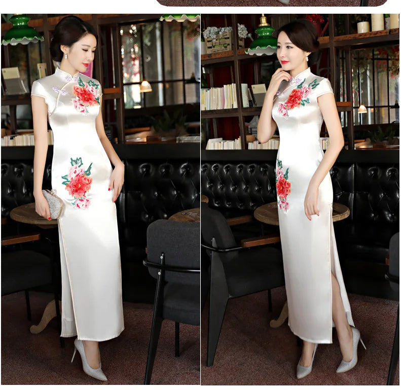 Classical Women Long Show Satin Chinese Dress Elegant Slim Embroidery Flower Qipao Cheongsam Retro Mandarin Collar Evening Gown - Seprincess