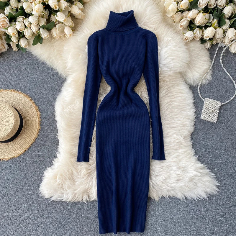 Dresses for Women 2022 Sexy Turtleneck Knitted Bodycon Dress Women Autumn Winter Long Sleeve Sweater Dress - Seprincess