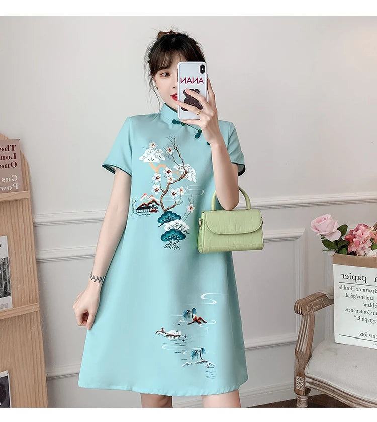 Plus Size M-4XL 2021 New Blue Loose Fashion Modern Cheongsam Dress Women Short Sleeve Qipao Traditional Chinese Style Clothes - Seprincess