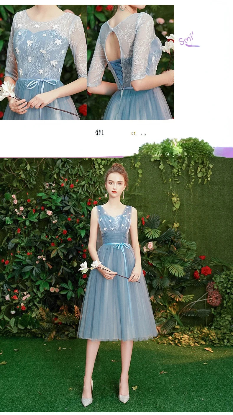 Gray Blue Bridesmaid Dresses For Women Elegant Half Sleeve Wedding Guest Dress Tulle Tea-Length Girl Vestido De Festa - Seprincess