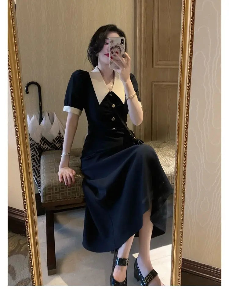 Short Sleeve Dresses Women Fashion Casual Harajuku Design French Vintage BF Hepburn Tender Slim Button Breathable All-match Fit - Seprincess