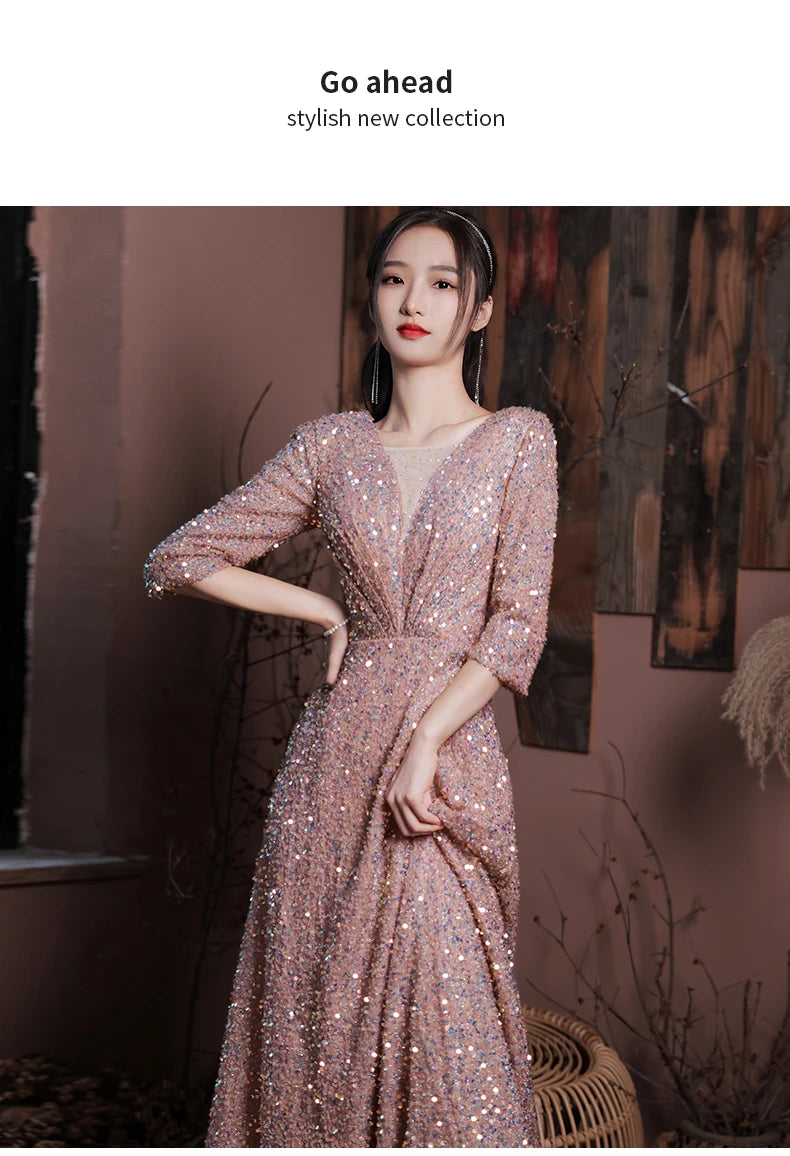 Blue Long Evening Dress Elegant Robe De Soiree Zipper Women Party Dresses Plus Size V Neck Sequin Formal Gowns FD283 - Seprincess