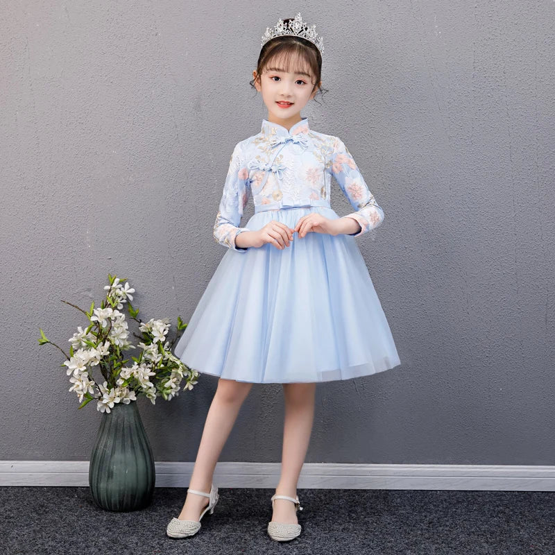 Cute Flower Girls Dresses Kids Chinese Embroidery Lace Cheongsam Dress Baby Girls Elegant Traditional Chinese New Year Dress