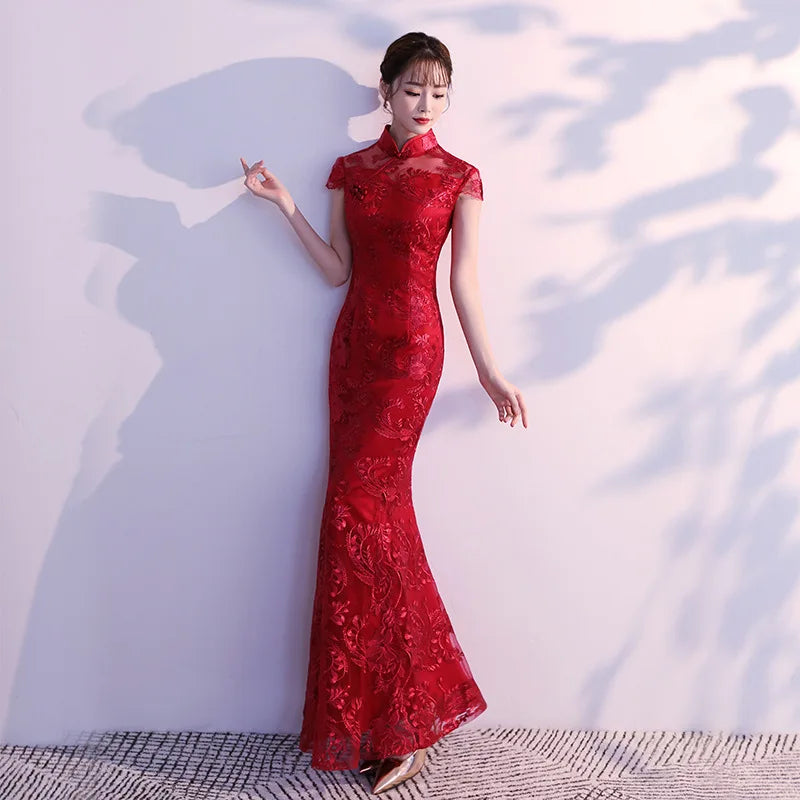 Lace Mermaid Chinese Style Lady Cheongsam Long Tight Elegant Dress Big Size 3XL Vestidso Vintage Red Bride Wedding Qipao S-203 - Seprincess