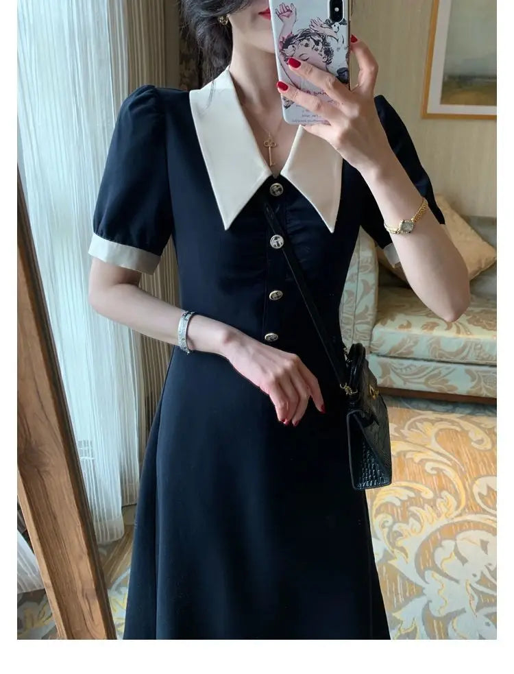 Short Sleeve Dresses Women Fashion Casual Harajuku Design French Vintage BF Hepburn Tender Slim Button Breathable All-match Fit - Seprincess