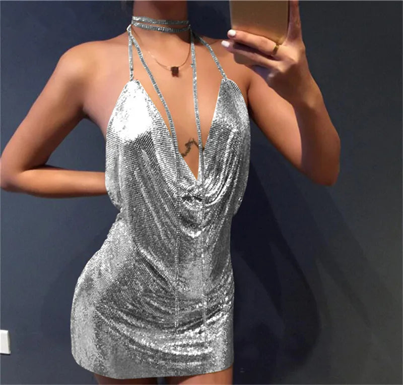 Diamond Halter Metal Party Dresses 2024 Sexy Gold Silver Summer Dress Vesitos Backless Sequins Women Dress Dropshipping