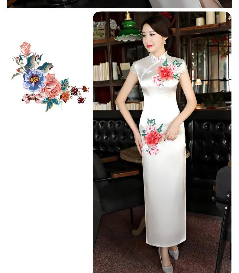 Classical Women Long Show Satin Chinese Dress Elegant Slim Embroidery Flower Qipao Cheongsam Retro Mandarin Collar Evening Gown - Seprincess