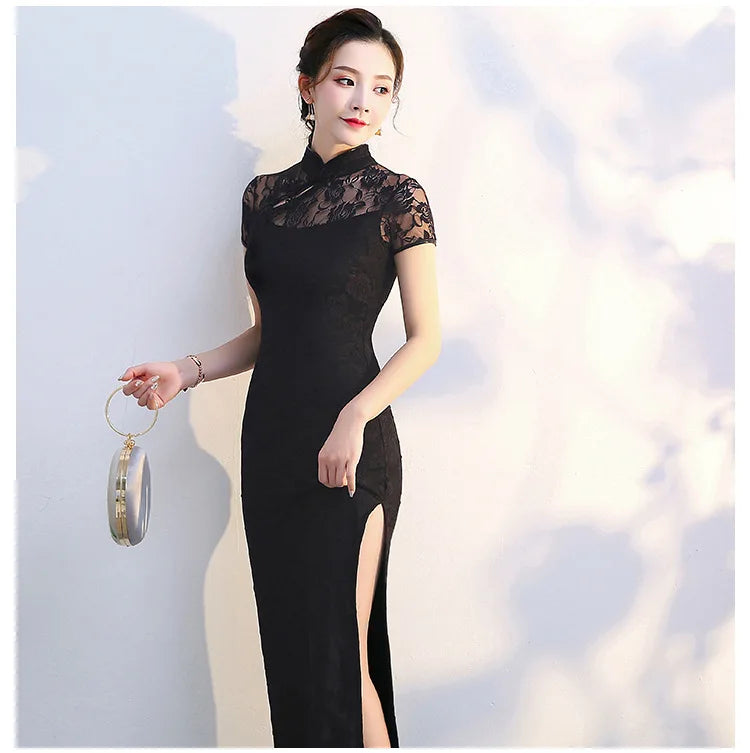 Lace Floral Perspective Collar Qipao Sexy Long Women Cheongsams Big Size 3XL 4XL 5XL Chinese Dress Grace Evening Party Vestidos - Seprincess