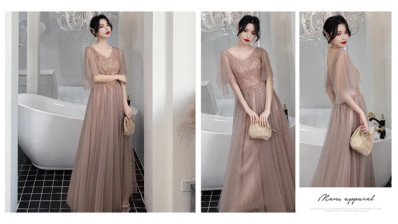 Bridesmaid Dresses Shining Sequin Appliques Women Wedding Party Dress V-Neck Half Sleeve Formal Long Gowns Elegant Vestidos R082 - Seprincess