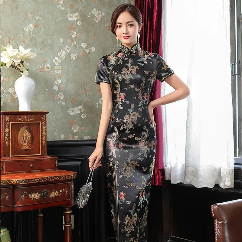 Summer New Women Sexy Cheongsam Elegant Vintage Mandarin Collar Chinese Dress Long Satin Flower Qipao Split Vestidso - Seprincess