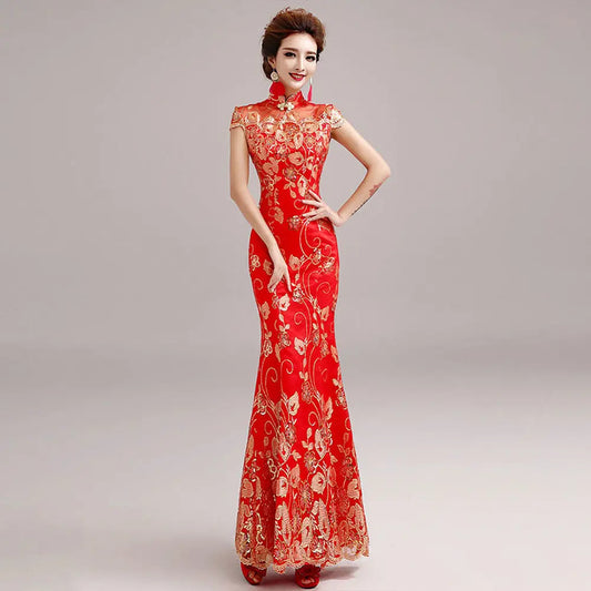 Female Long Short Sleeve Cheongsam Gold Sequin and Embroidery Chinese Traditional Dress Women Qipao Red Chinese Wedding Dress - Seprincess