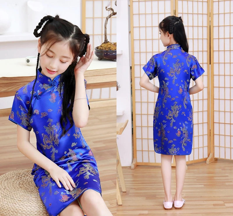 Lovely Girls Silky Satin cheongsam Dress Cute Princess Girls Dresses Kids Party Ball Gown Dress New Year cheongsam Clothing - Seprincess