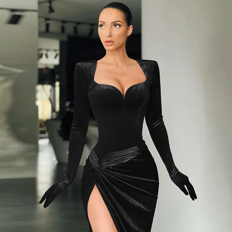 Cryptographic Elegant Gown Long Dress Evening Club Outfits for Women Gloves Sleeve Velvet Sexy Slit Maxi Dresses Ruched Dresses