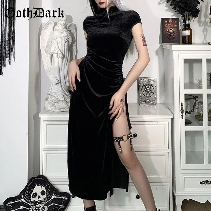 Goth Dark Romantic Gothic Velvet Aesthetic Dresses Vintage Women Black Bandage SlitHem Bodycon Dress Sexy Evening Wear Cheongsam